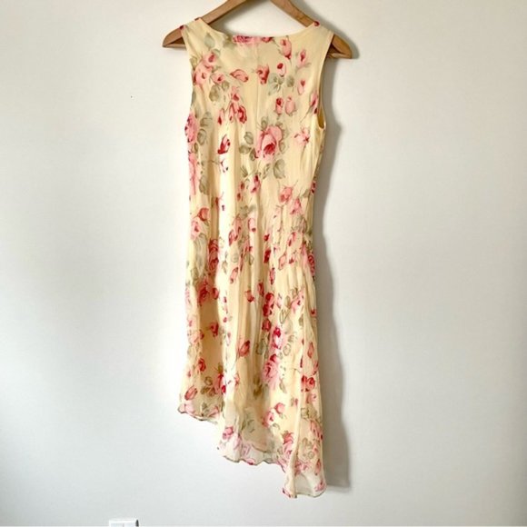 Vintage Floral Cowl Neck Asymmetric Dress Yellow and Pink - Picture 3 of 5